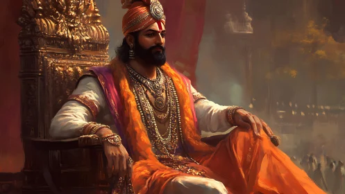Regal king in ornate orange robes seated on golden throne