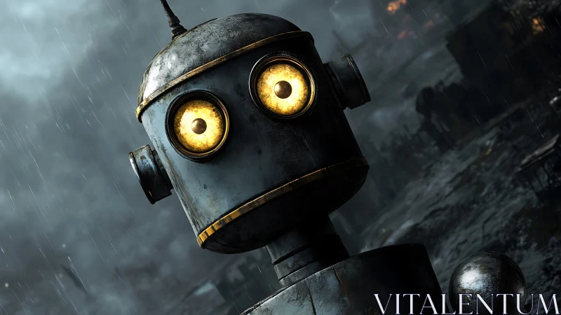 Weathered steel robot with emissive eyes in slanted rain scene
