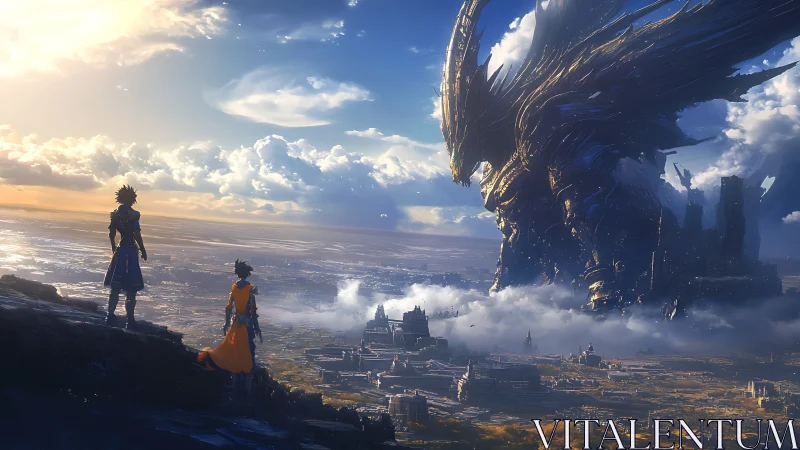 Two brave wanderers greet a colossal guardian above the city