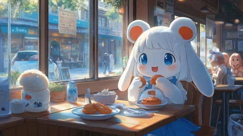 Anthropomorphic rabbit girl eating pastries in sunlit cafe