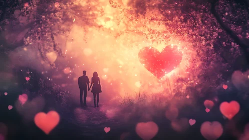 Silhouetted couple holding hands beneath luminous heart in enchanted forest.