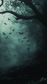 Silhouetted birds move through dense fog in a dark forest