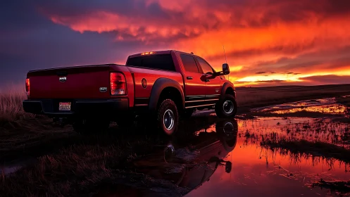 Crimson pickup pauses proudly in a puddled sunset blaze