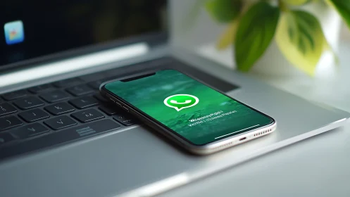 Smartphone running WhatsApp resting on laptop keyboard surface.