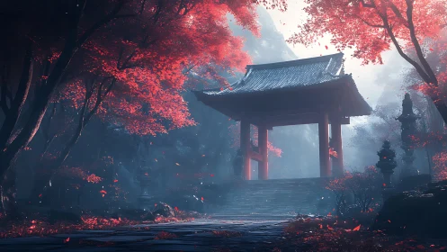 Crimson gate of whispers beneath mist-soaked maple canopies.