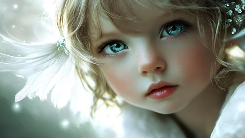 Hyper-detailed child portrait with ethereal bokeh and feather lighting