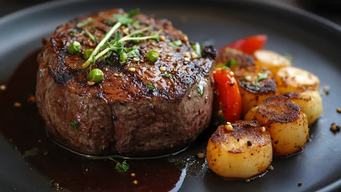 Seared filet mignon with glazed potatoes in rich pan jus.