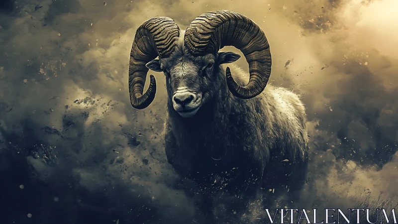 Granular dustburst portrait of ram with helical horns.
