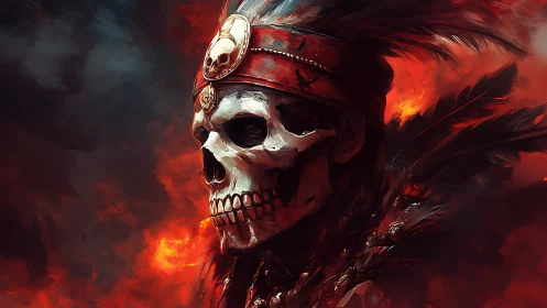 Flaming skull warlord emerges from smoke and burning sky.