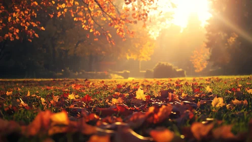 Golden autumn park sunrise over dewy leaf carpet.