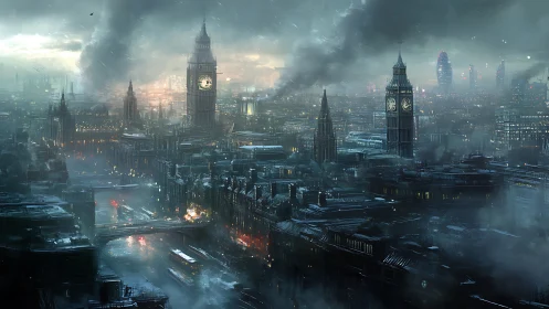 Digital painting of dystopian London skyline in storm haze.