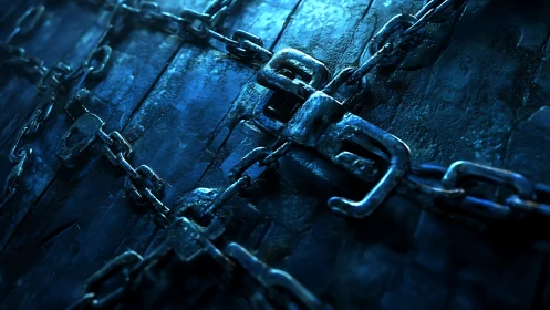 Heavy metal chains locked across dark wooden surface.