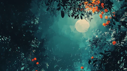 Digital painting of moonlit canopy with vivid floral accents.