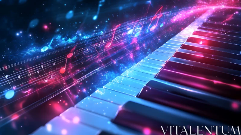 Stellar piano keys ignite neon rivers of shimmering sound.