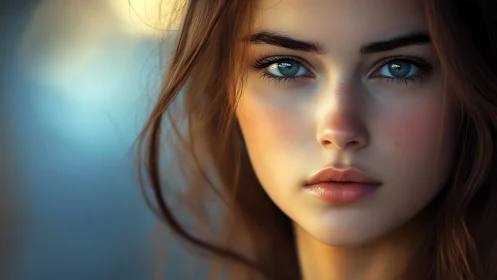 Portrait of a blue-eyed woman in warm sunset tones.