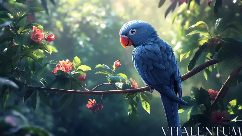 Vibrant Blue Parrot on Flowering Branch in Sunlit Digital Art.