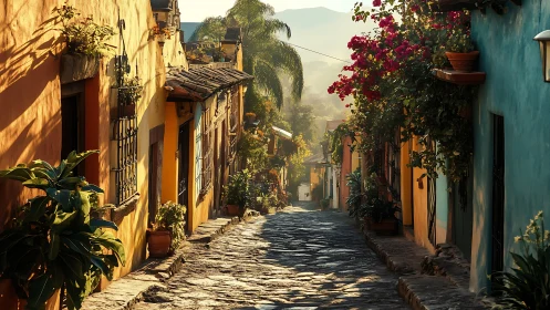 Cobbled colonial street recedes under warm golden-hour backlight