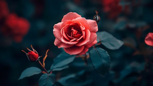 Enchanting Coral Rose Blooms Against Moody Teal Backdrop