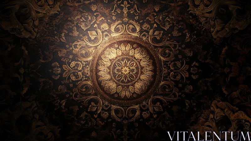 Ornate circular mandala with gold floral scrollwork pattern.