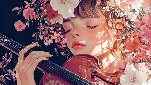 Young violinist in floral surroundings with closed eyes.