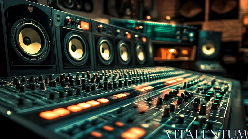 Professional audio mixing console with studio monitors in view.