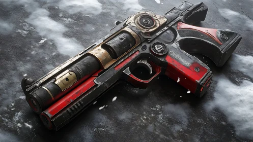 Weathered plasma sidearm reclines on frostbitten concrete
