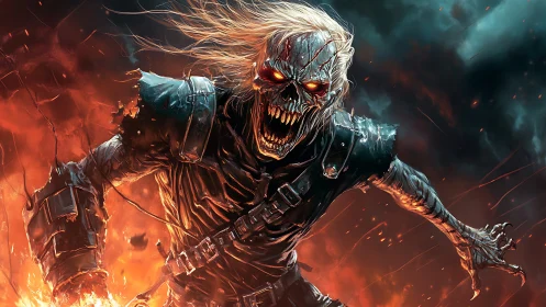 Fiery skeletal warrior charges forward through swirling flames