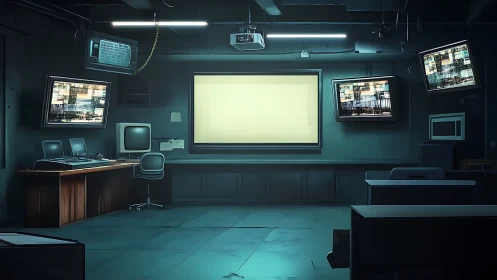 Cyber control room glows with cold monitors and screens.