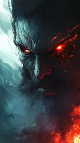 Fierce elemental warrior with glowing eyes in fire and ice.