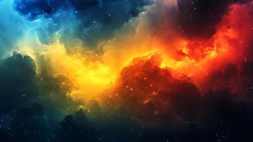 Bipolar cosmic nebula with blue to red volumetric glow.