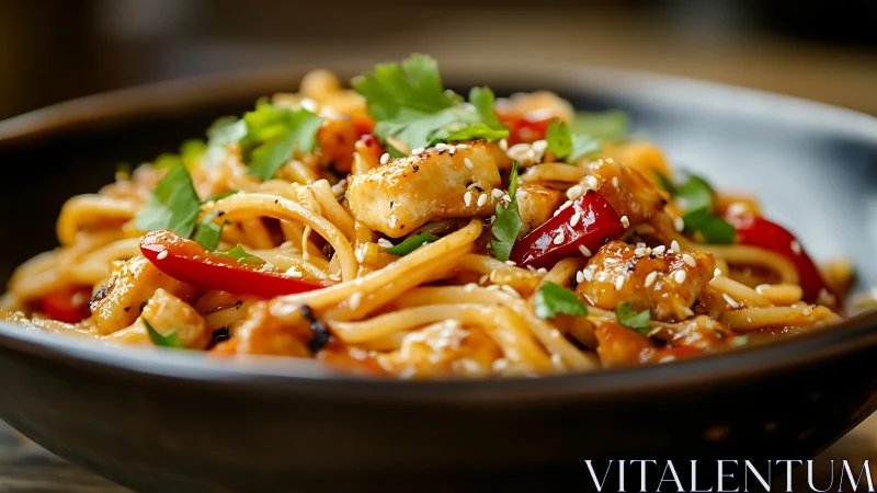 Stir fried noodles with chicken, peppers, sesame and herbs