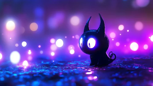 Bioluminescent chibi creature in neon bokeh landscape at night