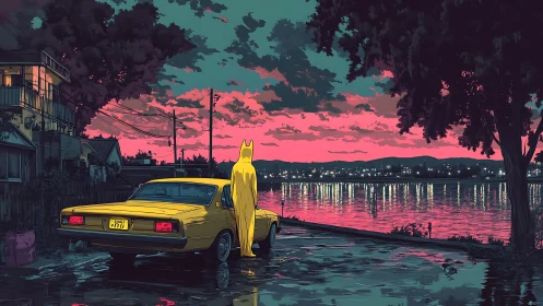 Melancholy caped cruiser by neon pink riverside dusk.