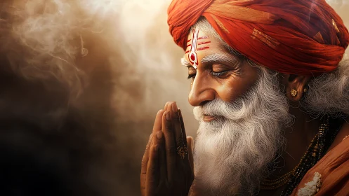 Elderly sage in prayer bathed in warm cinematic light.