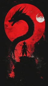 Young warrior and dragon silhouetted against a fiery moon.