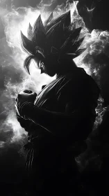 Silhouetted warrior powers up amid swirling cosmic smoke