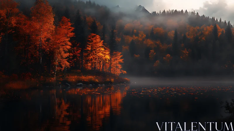 Fiery autumn forest reflecting over misty mountain lake.