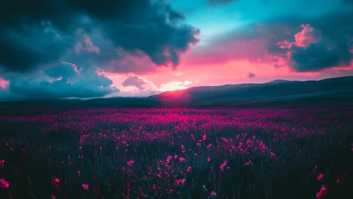 Neon twilight spreads over wildflower meadow beneath clouds
