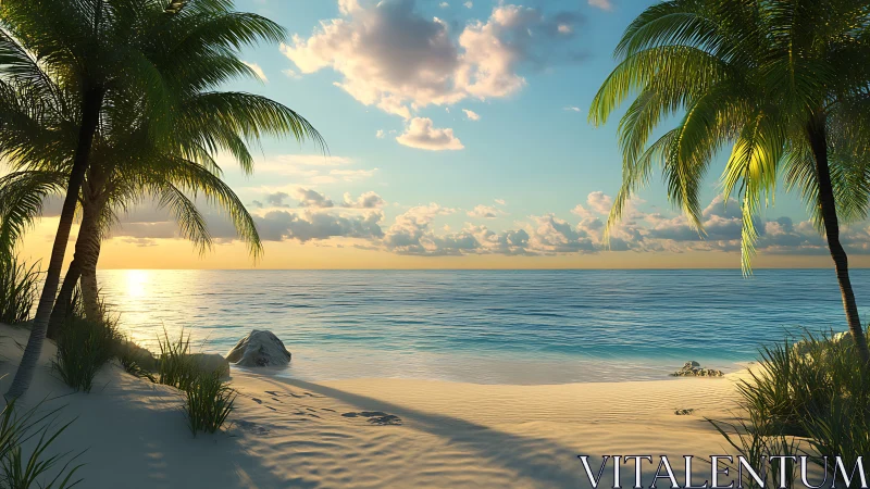 Tropical Beach at Sunset With Palm Trees.