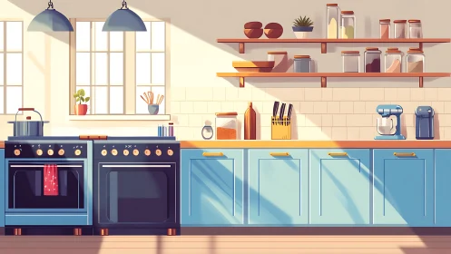 Sunlit blue kitchen interior shows organized modern workspace