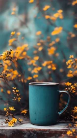Teal ceramic mug amid yellow blossoms in soft bokeh garden.