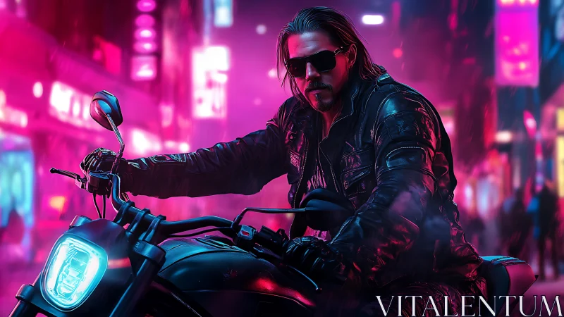 Motorcyclist in neon urban street with vivid pink lighting.