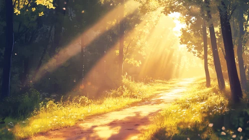 Sunlit forest path aglow with golden morning warmth.