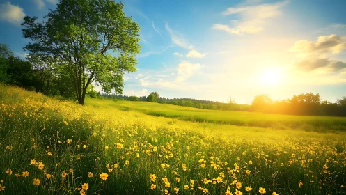 Golden meadow glows under radiant summer sunrise light.