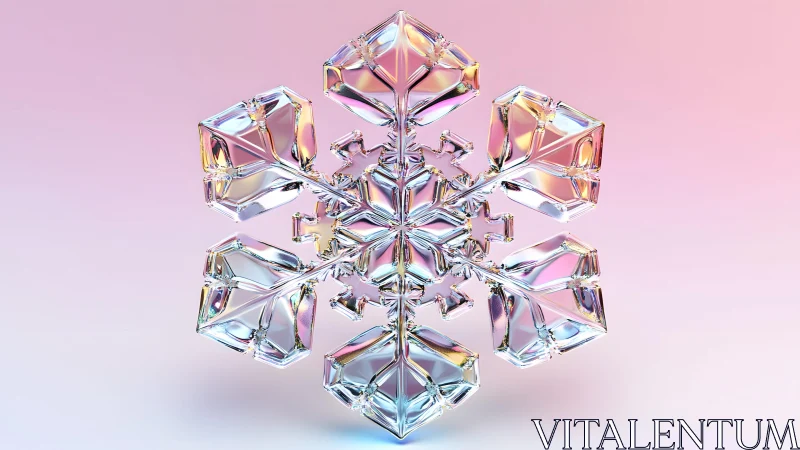 Crystal snowflake close-up on pastel gradient background, digital art.