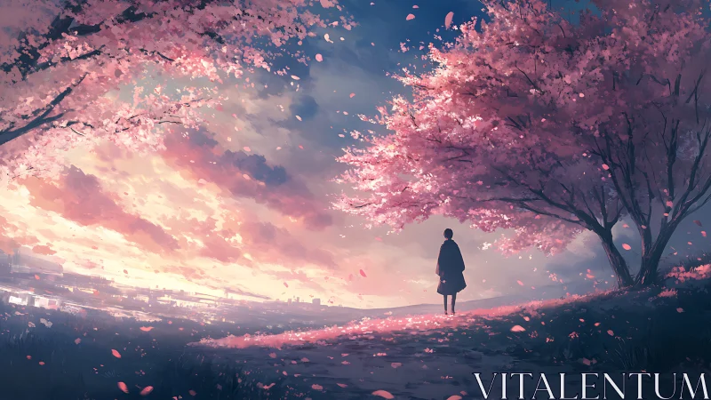 Solitary figure watches cherry blossoms drift at sunset