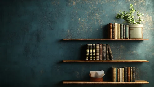 Vintage books on minimalist wooden wall shelves.