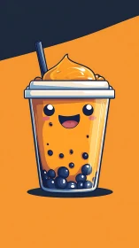 Cheerful bubble tea cup smiles brightly with creamy topping