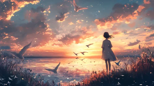 Solitary figure observes seabirds over a sunset shoreline