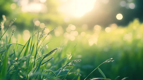 Sunlit meadow grasses swaying gently in golden morning glow.